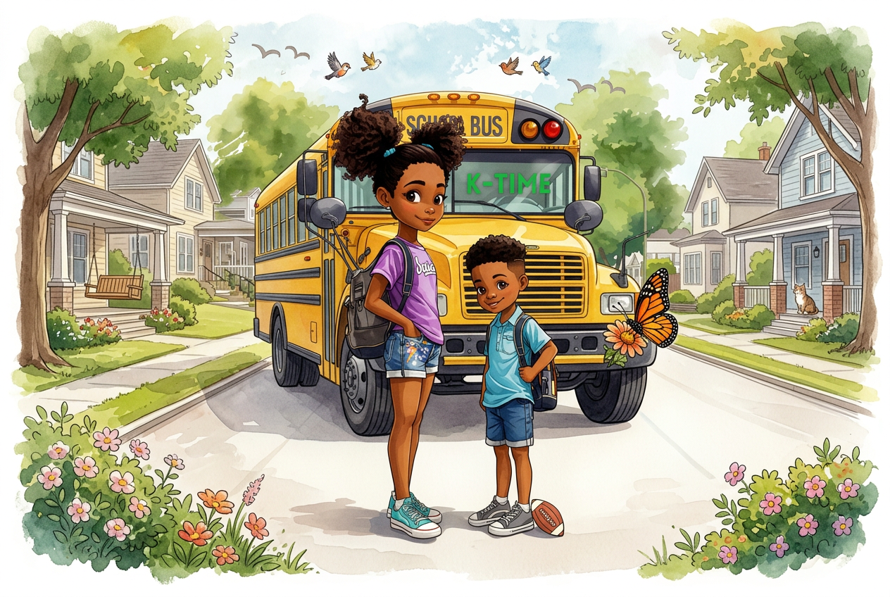 CoCo and JJ standing in front of a yellow K-Time school bus